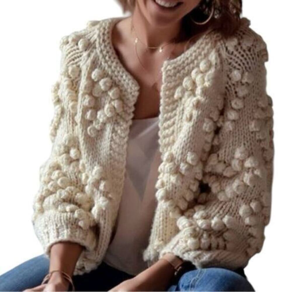 Simplee Women’s Size M Ivory Cream Berry Pattern Sweater Knit Open Cardigan
